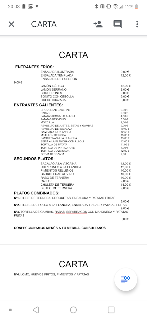 Cafe Edurtza Bar — Carta