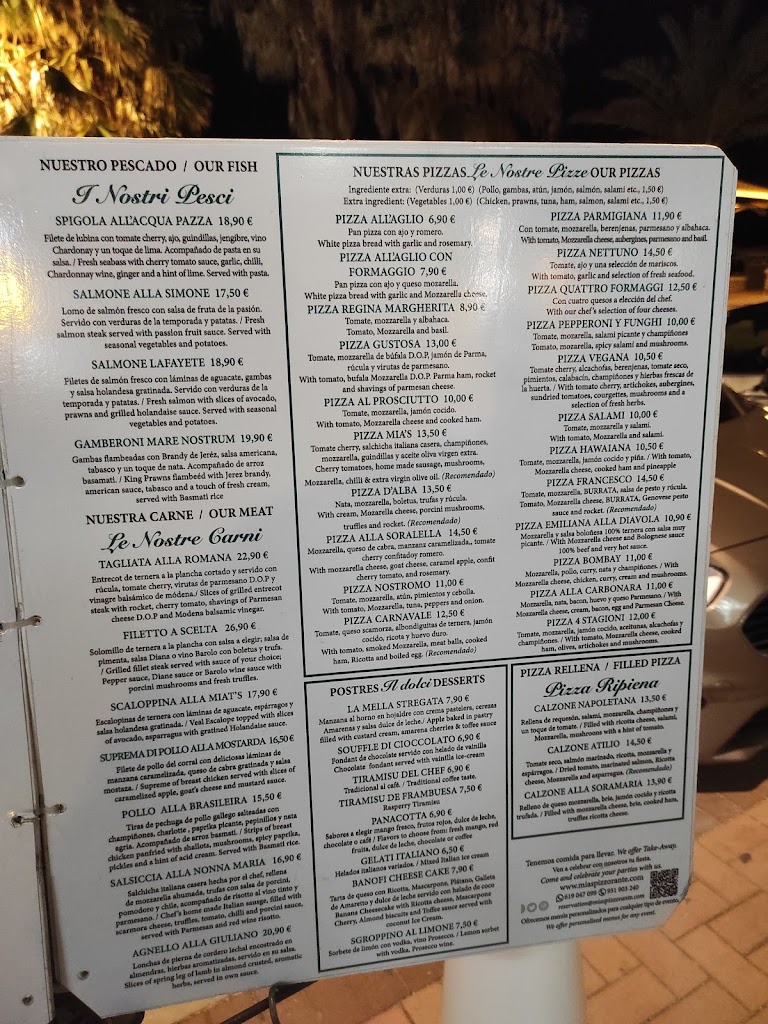 Mia's Pizzorante Gourmet — Carta