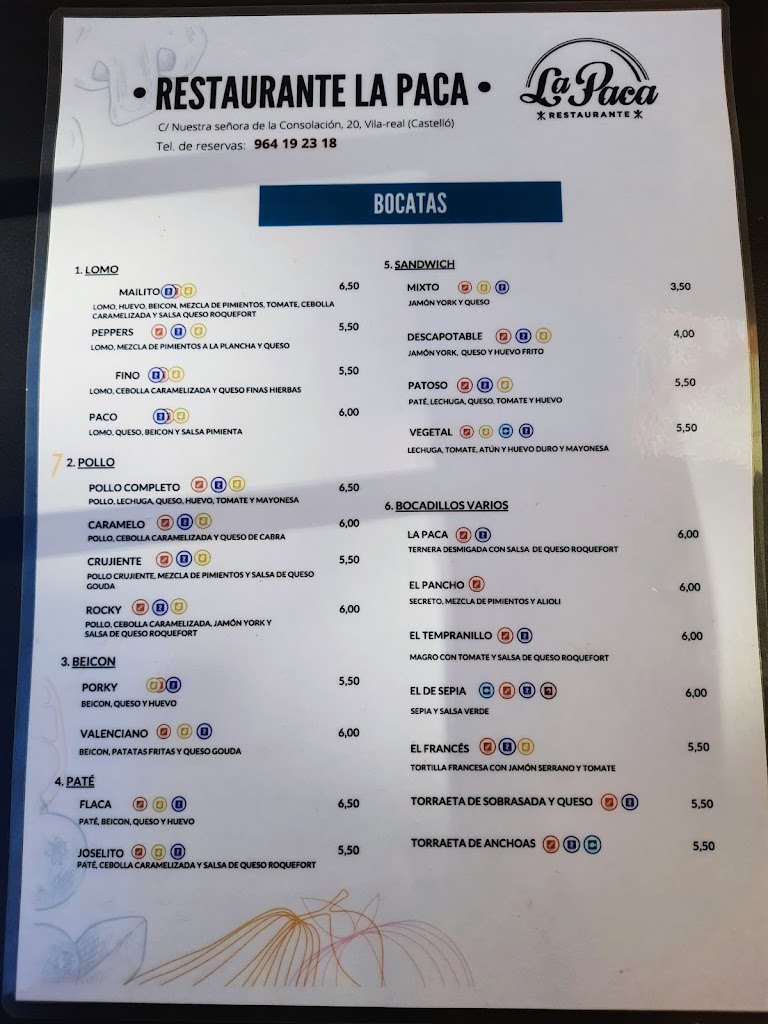 RESTAURANTE LA PACA — Carta