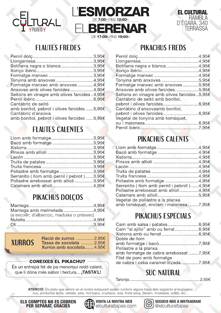 El Cultural Tapas (Restaurante en Terrassa de tapas, platos combinados y menu mediodia) — Carta