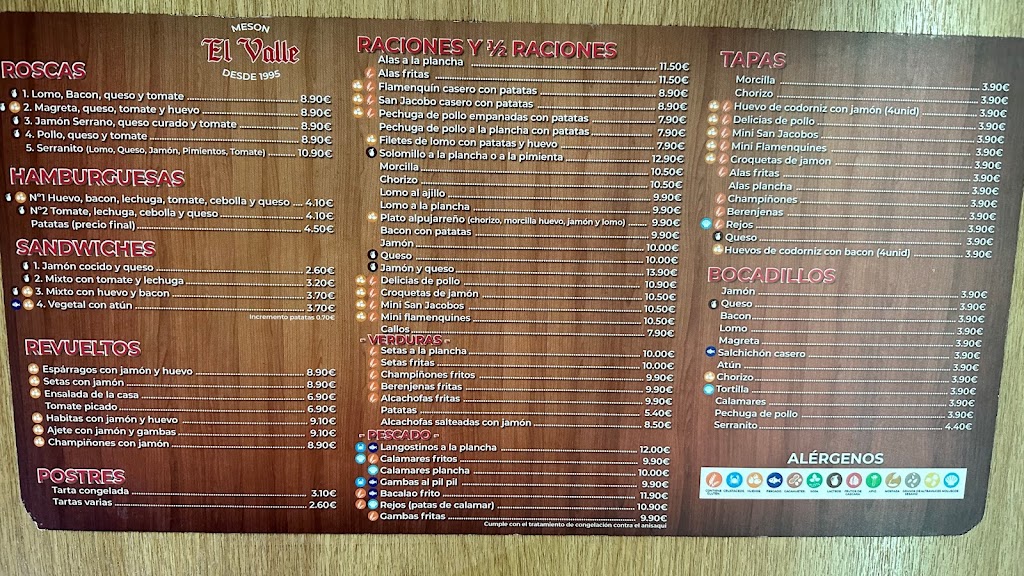 Cafe Bar El Valle — Carta