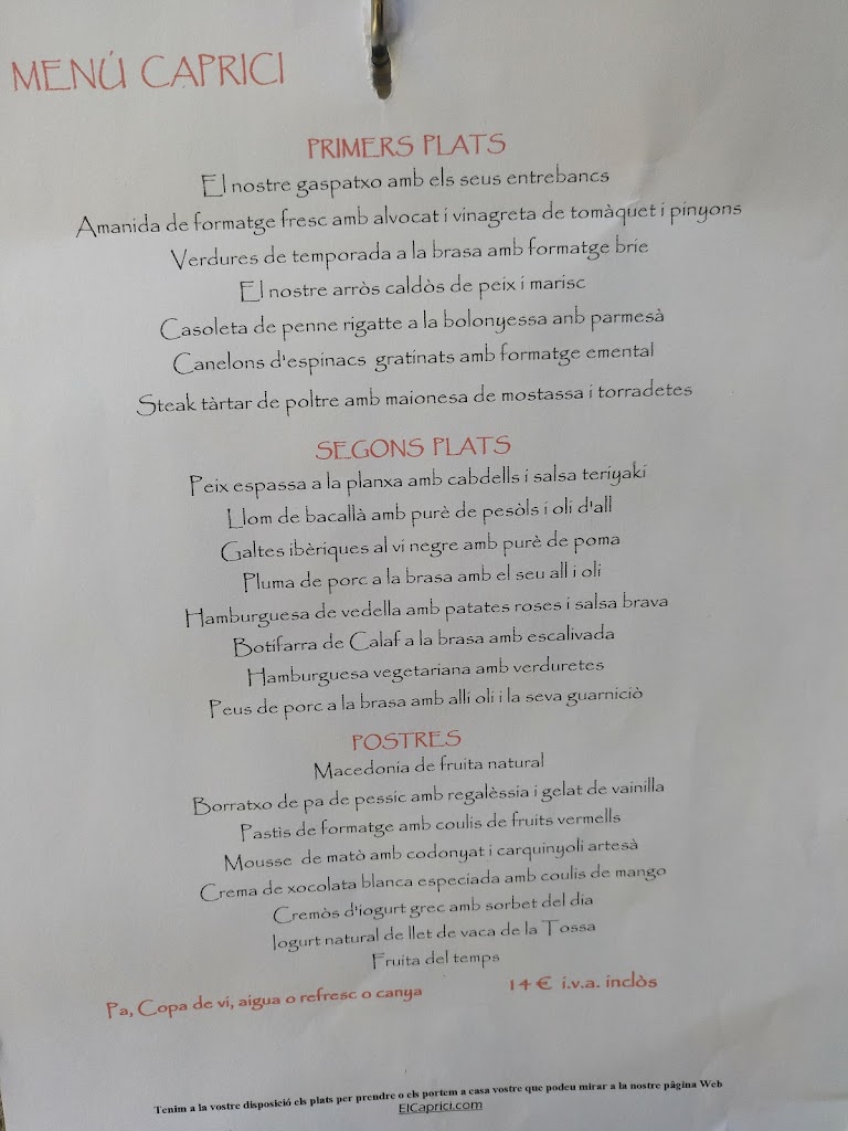 Restaurant Caprici Igualada — Carta
