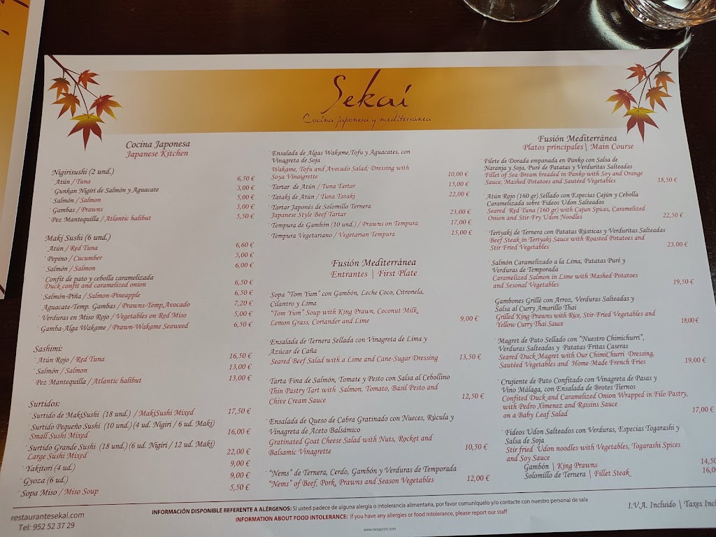 Restaurante Sekai — Carta