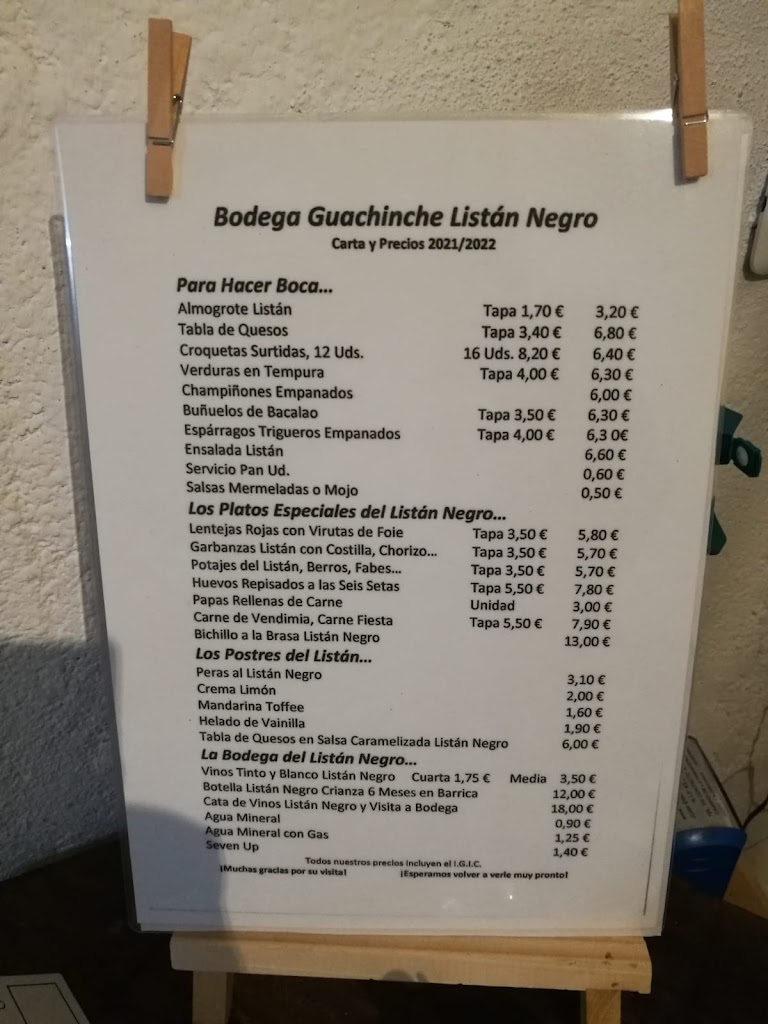 Guachinche El Listan Negro — Carta