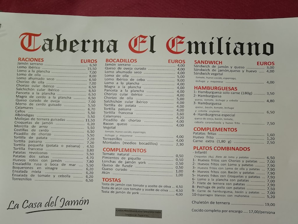 Taberna el Emiliano — Carta