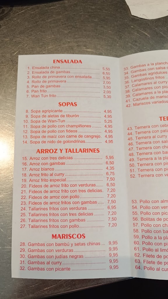 Sur Restaurant — Carta