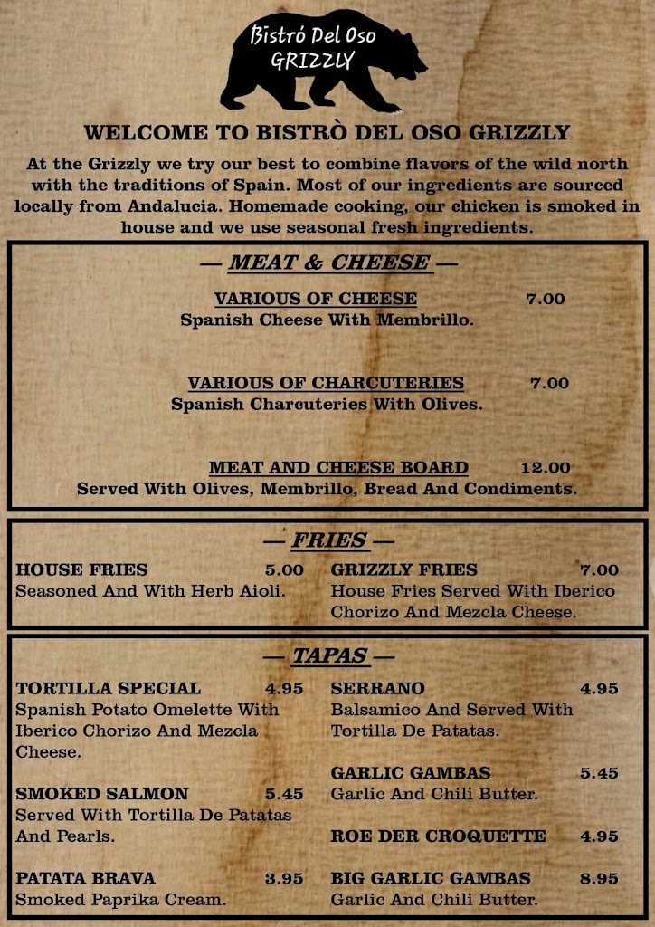 Bistro del oso GRIZZLY — Carta