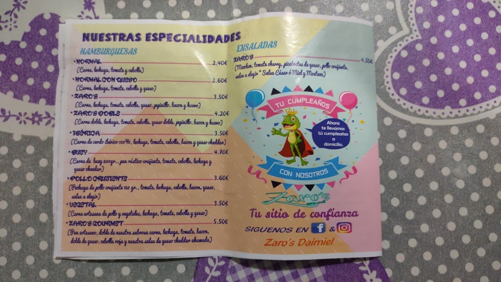 Restaurante Zaro's — Carta