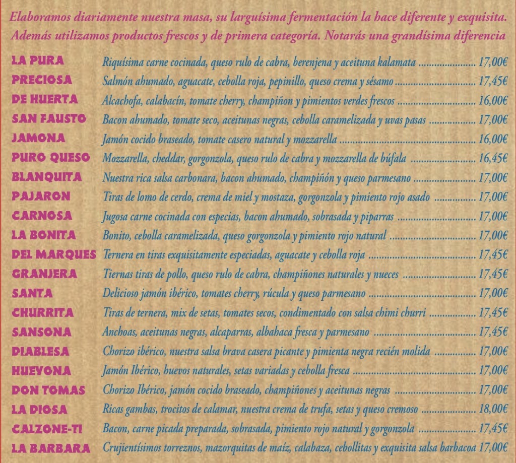 La pura pizza — Carta