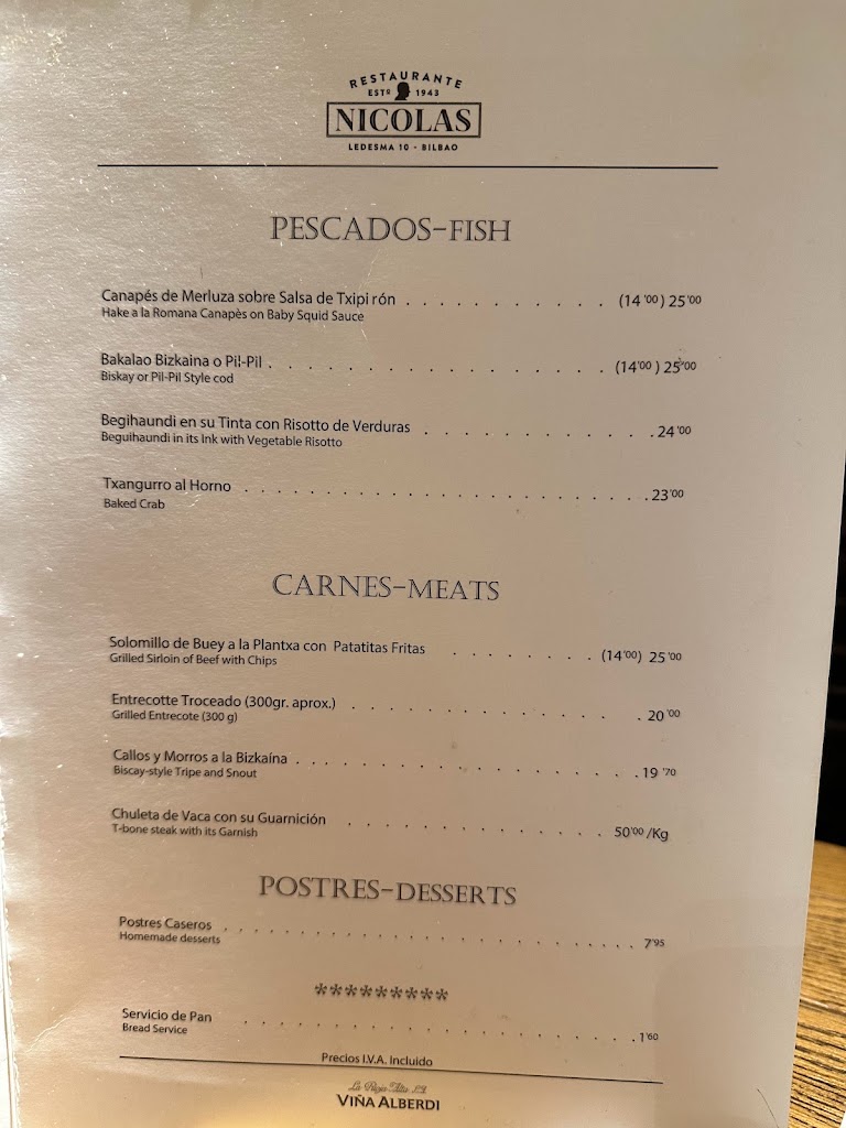 Restaurante Nicolas — Carta