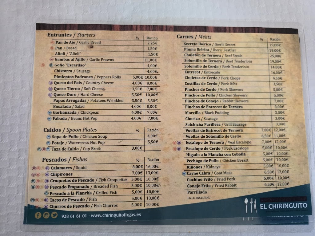 Restaurante El Chiringuito de Firgas — Carta