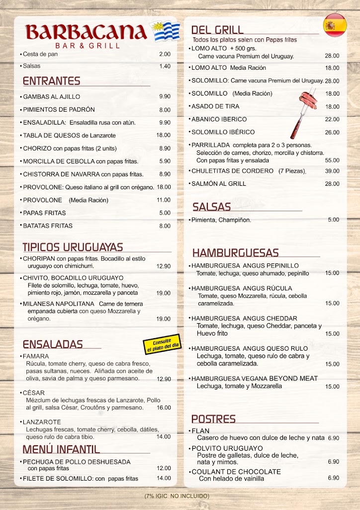 Barbacana Bar & Grill — Carta