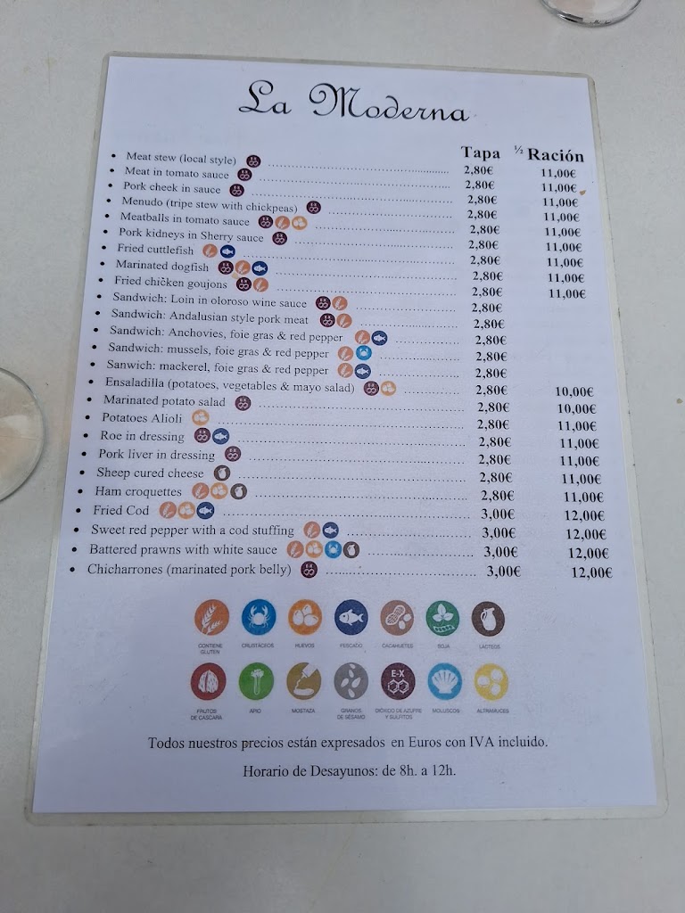 Bar La Moderna — Carta
