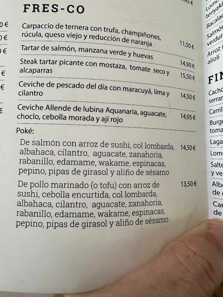 Restaurante Allende 22o — Carta