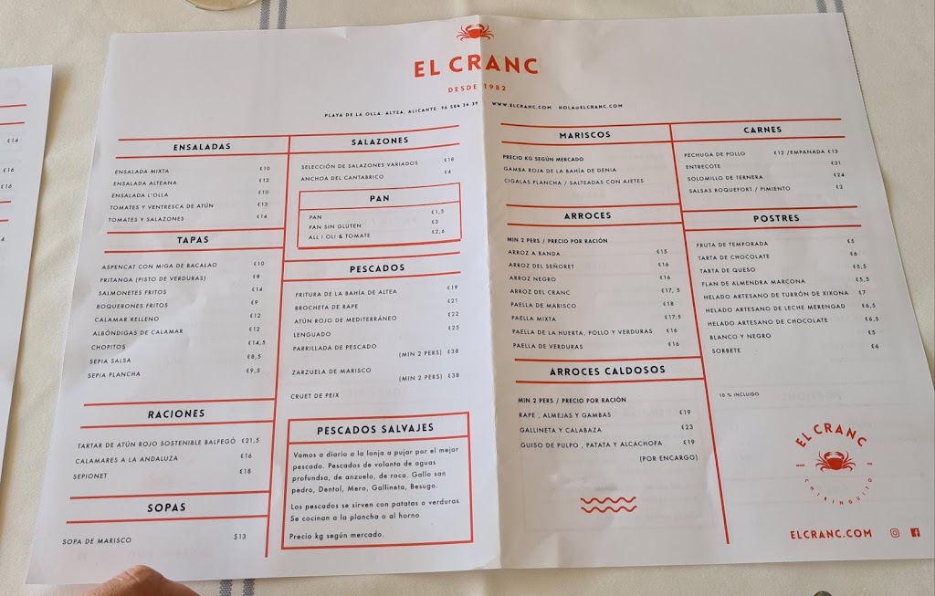 EL CRANC Chiringuito — Carta
