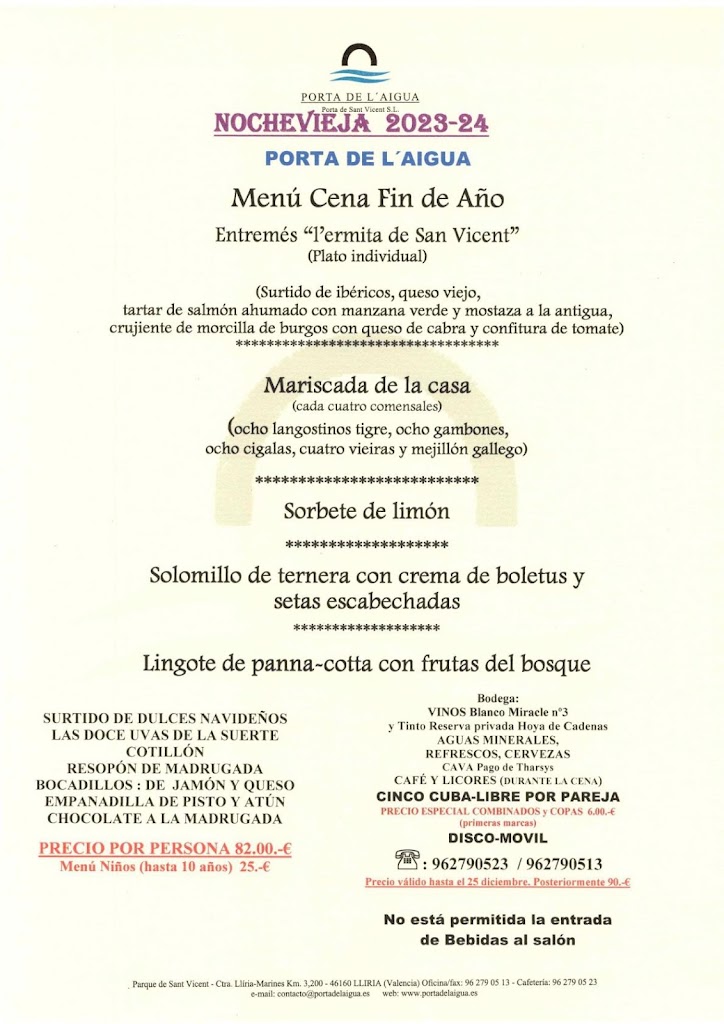 Restaurante Porta De L'aigua — Carta