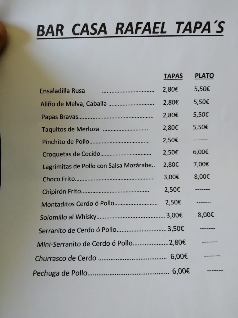 Bar casa Rafael — Carta
