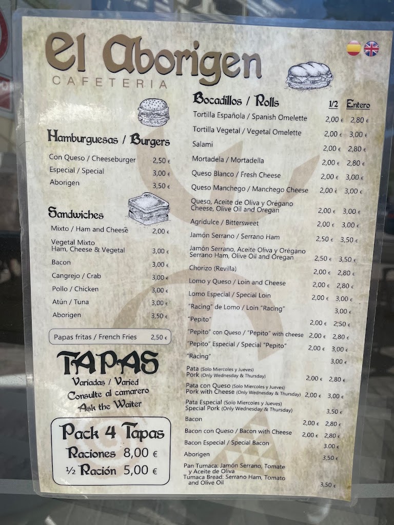 Cafeteria El Aborigen — Carta
