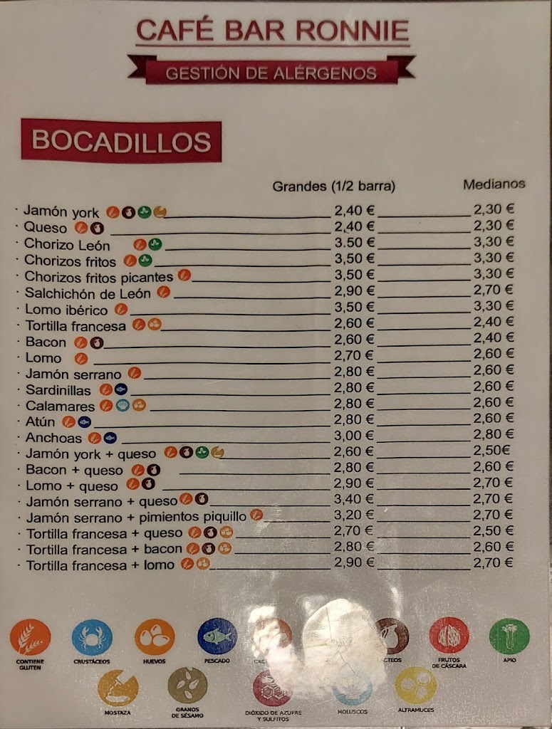 Cafe Bar Ronnie — Carta