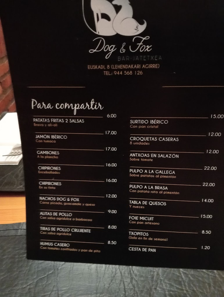Dog and Fox Bar - Jatetxea — Carta