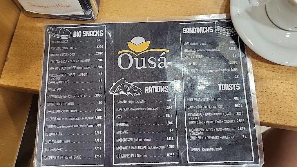 Ousa Pasteleria Cafeteria — Carta