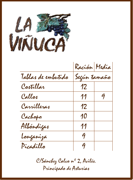 Bar La Vinuca — Carta