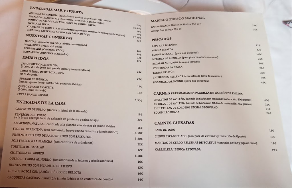 Restaurante La Ricarda — Carta