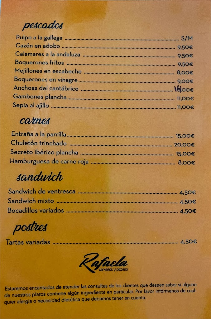 Bar Rafaela — Carta