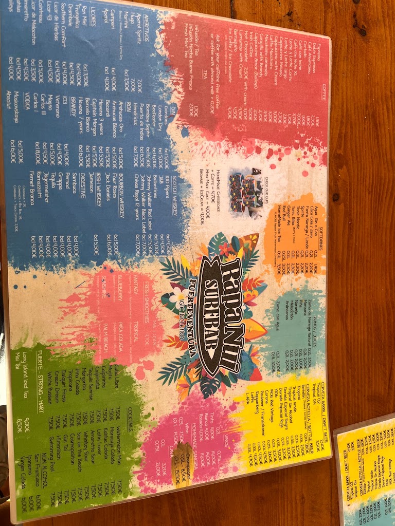 Rapa Nui SurfBar Fuerteventura — Carta