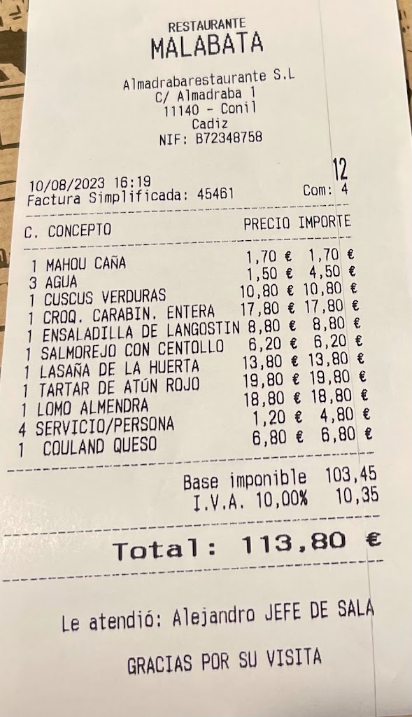 Malabata Conil — Carta