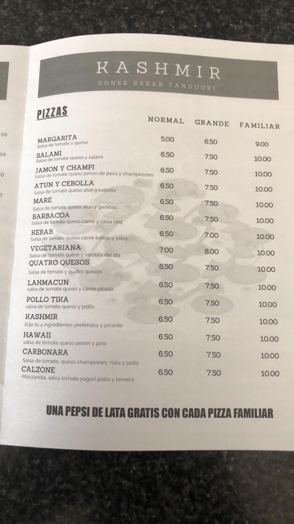 Fuerte Kashmir doner kebab pizzeria — Carta