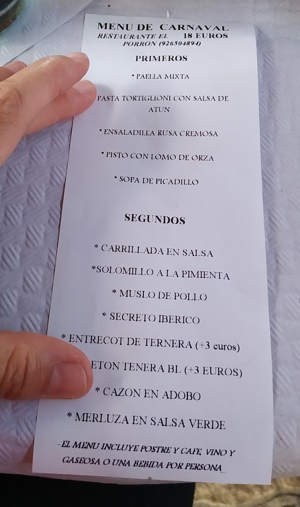 Restaurante Terraza El Porron — Carta