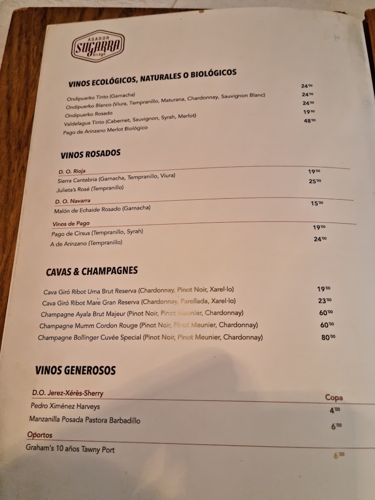 Asador Sutegi — Carta