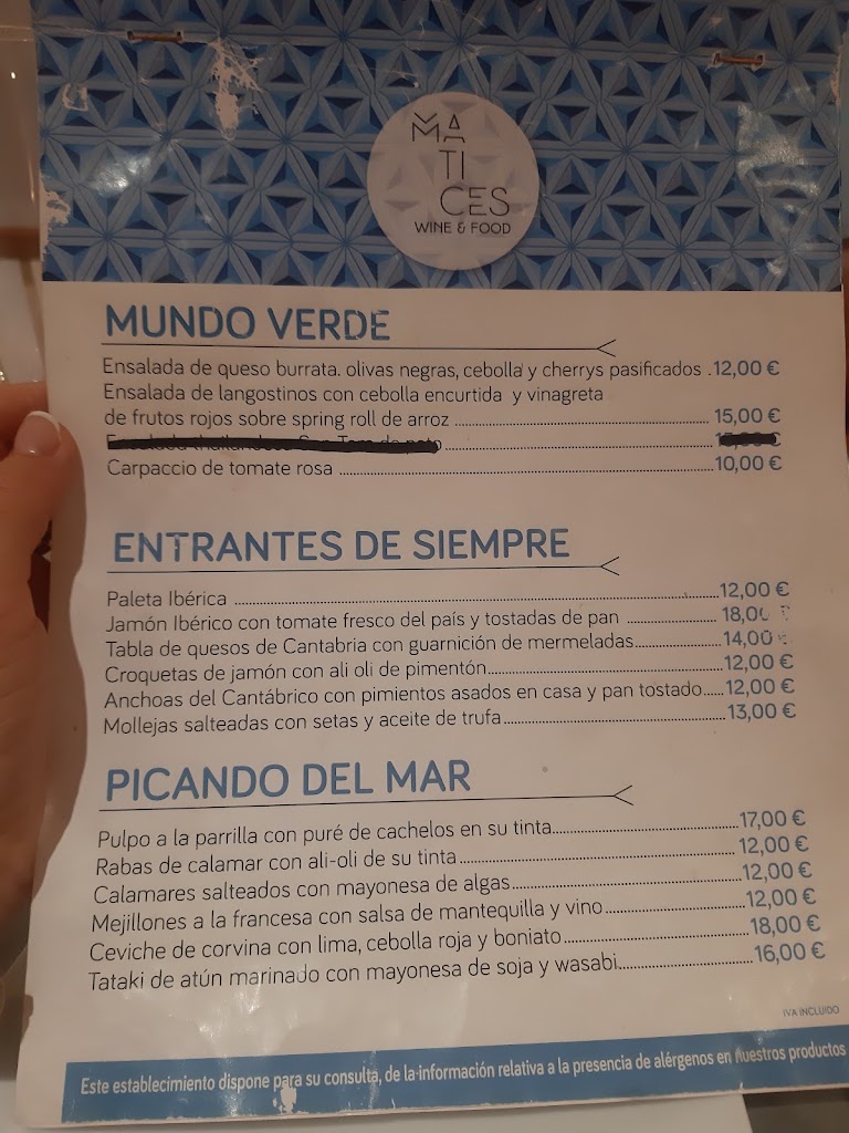 Restaurante Matices Santander — Carta
