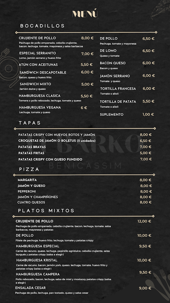 El Barko Benicassim — Carta