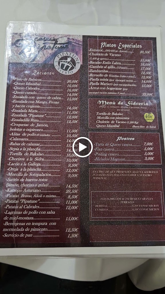 Sidreria Caserio Pipatune — Carta