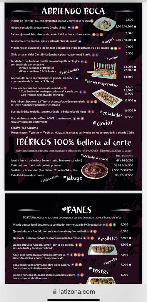 La Tizona Vinoteca — Carta