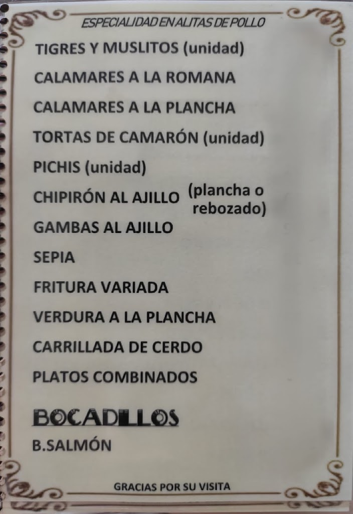 Bar cafeteria sagra — Carta