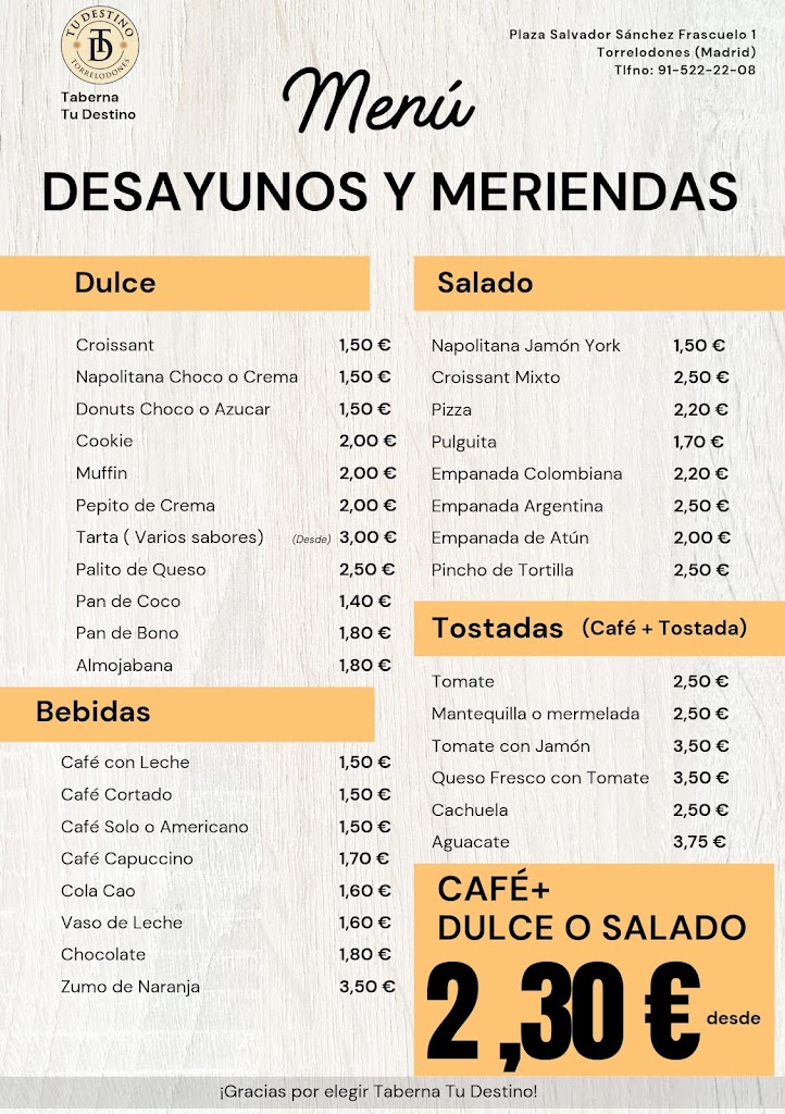 Taberna tu destino — Carta