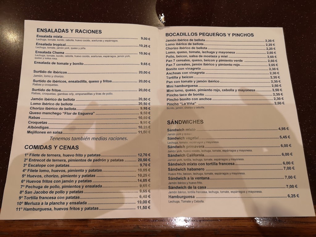 Cafe Bar La Vina — Carta