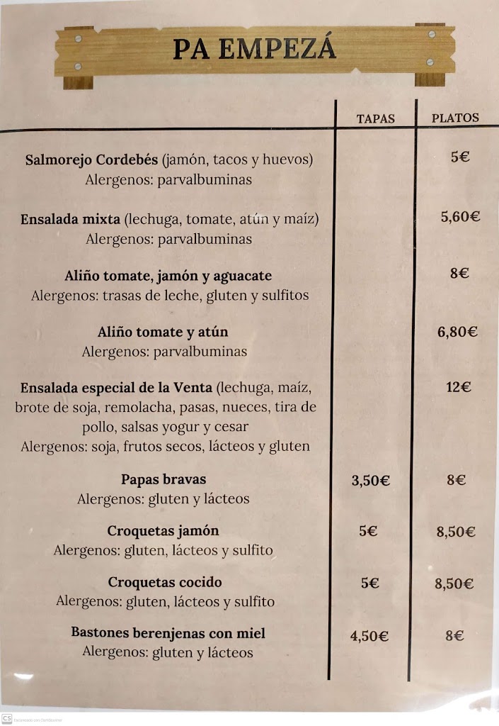 Venta la Pringa — Carta