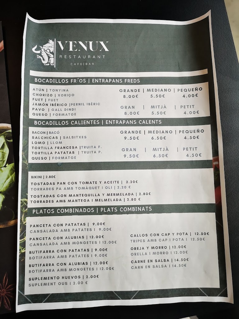 Venux Restaurant — Carta