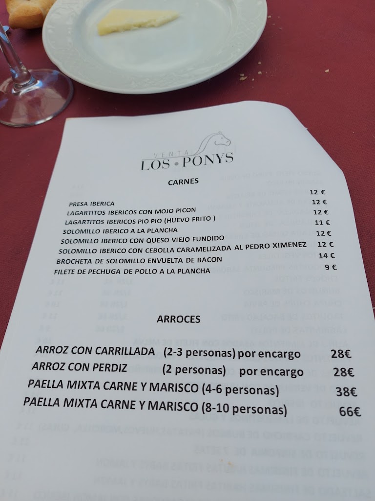 Restaurante Venta los Ponys — Carta
