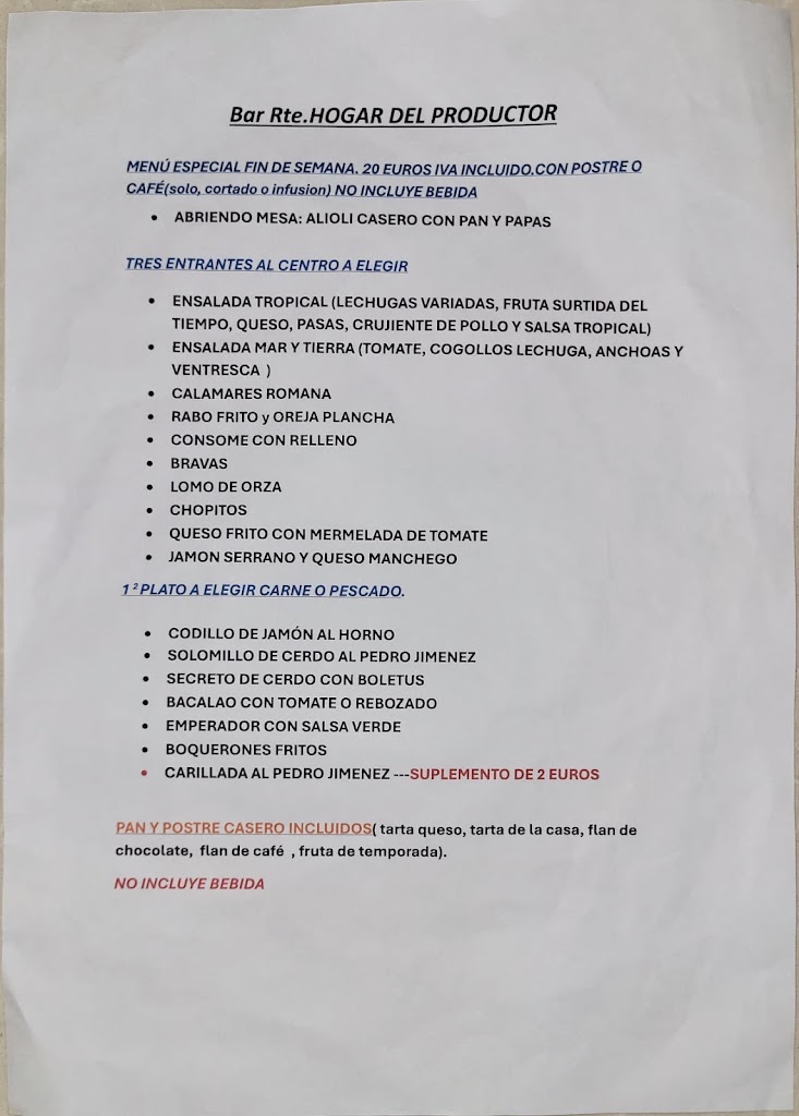 Restaurante Hogar Del Productor — Carta