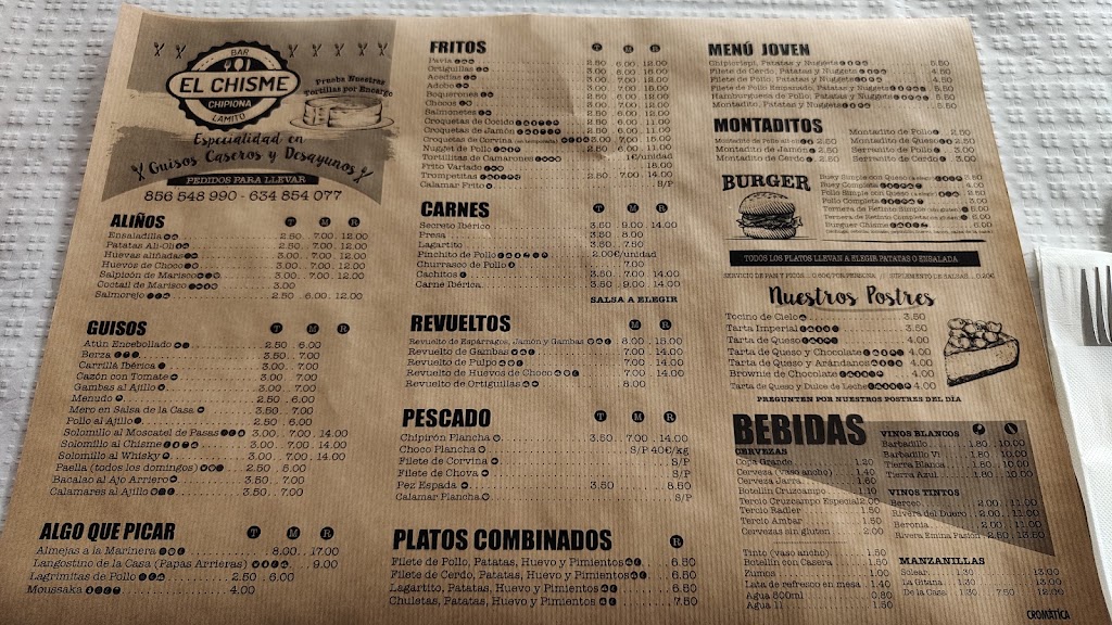 Bar el Chisme — Carta