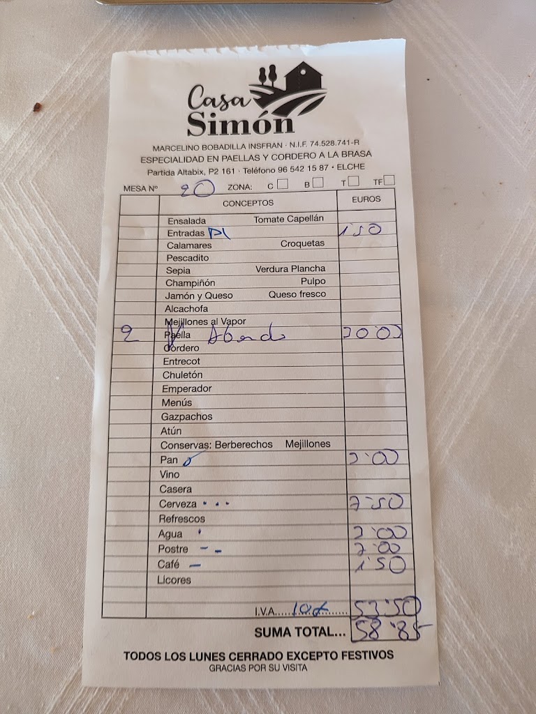 Restaurante Casa Simon — Carta