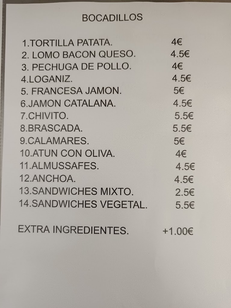 Bar Rte. El Cantonet — Carta