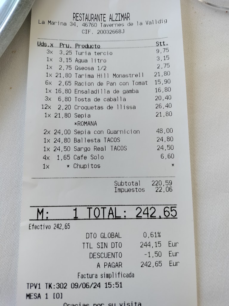 Restaurante Alzimar — Carta