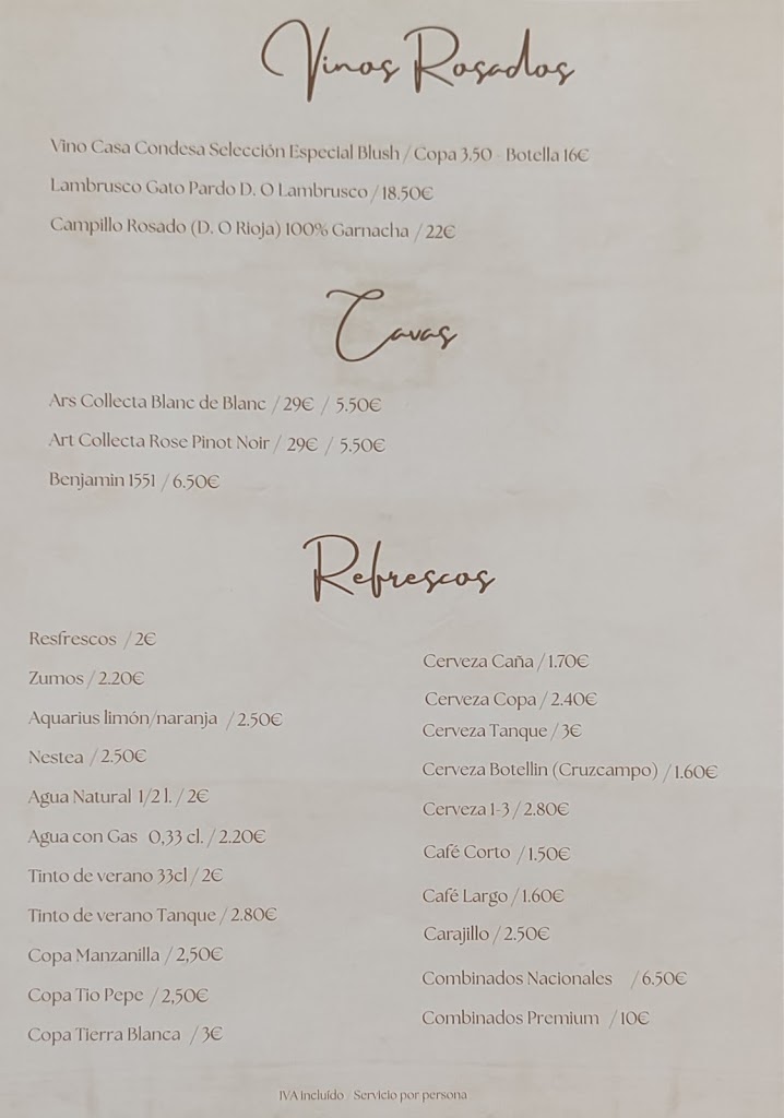 Restaurante Vista al Mar — Carta