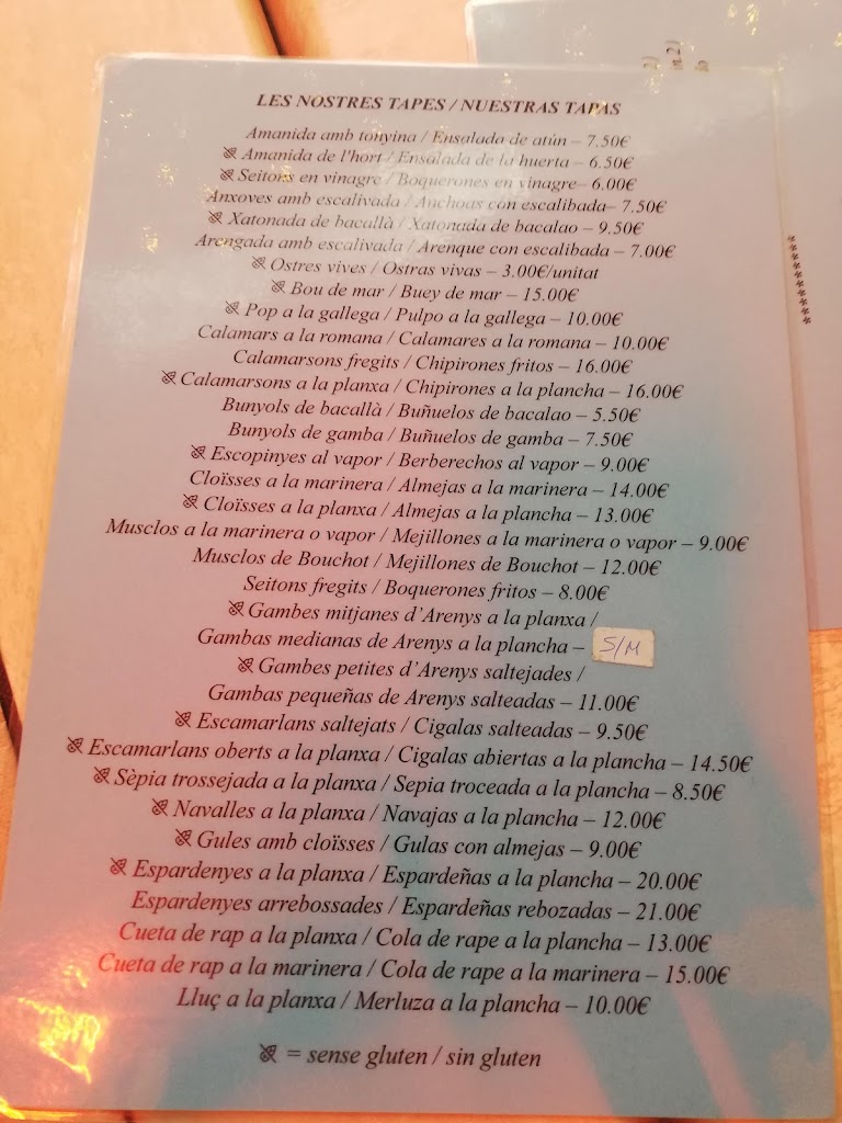 Restaurant La mar de tapes d'Arenys — Carta